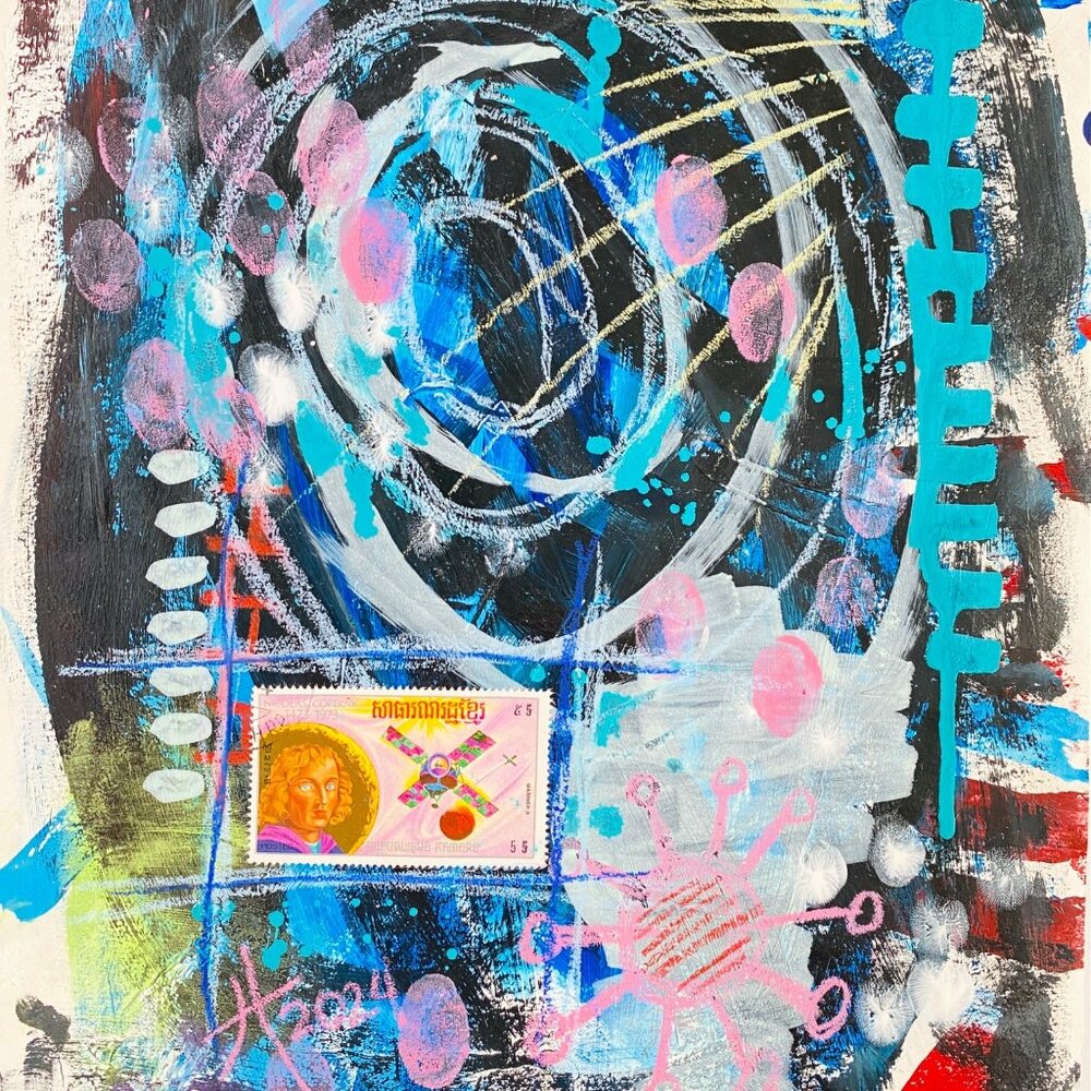 Copernicus Rising Handmade Original Collage Painting Wall Art 11x14in Matted